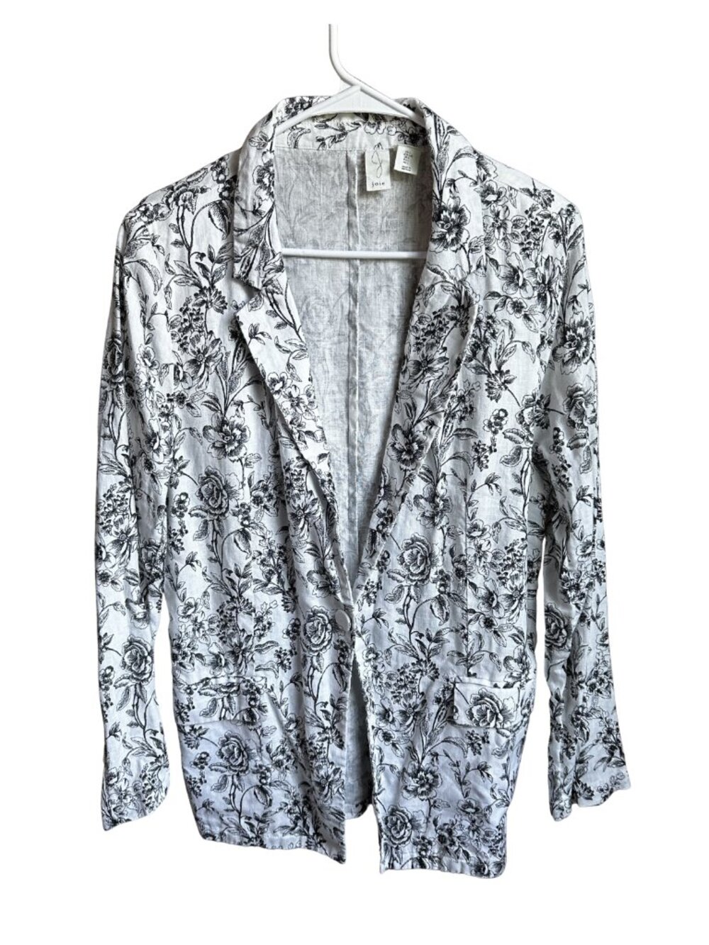 Joie Linen Blazer Women's Large Black White Floral Lightweight Boho Open Front